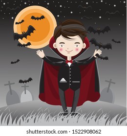 Halloween vector. Cute Dracula boy, full moon with bats flying