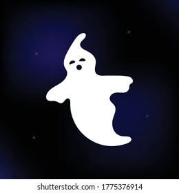 Halloween vector cute ghost silhouette. Spooky icon on the sky with stars background. White isolated shape on vector illustration
