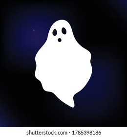 Halloween vector cute ghost silhouette. Spooky icon on the sky with stars background. White isolated shape on vector illustration