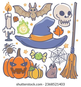 Halloween vector cute, pumpkin, hat, bat, broom, skull, candle, candy, maple leaf, star, mouse, soul, spider, spider web