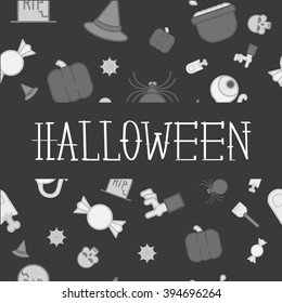 Halloween vector dark style background with funny cartoon icons, skull, witch hat, spider, eyeball, pumpkin with. Halloween seamless pattern with text. Halloween seamless texture. Brochure design