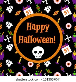 Halloween vector for Halloween day of 2019 composed of scary elements and text for greetings, banner and post. Vector image of cute ghosts, calendar, sweets, eyes, candles, bones and cauldron.