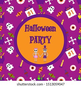 Halloween vector for Halloween day of 2019 composed of scary elements and text for greetings, banner and post. Vector image of cute ghosts, calendar, sweets, eyes, candles, bones and cauldron.