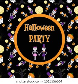 Halloween vector for Halloween day of 2019 composed of scary elements and text for greetings, banner and post. Vector image of the moon, skulls, black trees, and skeleton. 