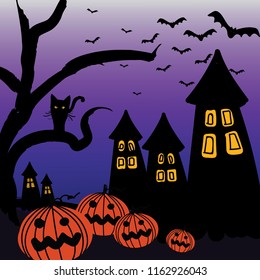 Halloween Vector Decoration with Haunted House and Pumpkin There is a black cat on a branch and bat in purple sky.