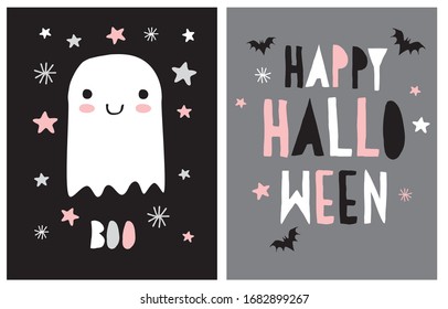 Halloween Vector Decoration for Little Kids  Spooky Party  Hand Drawn Illustration and Cute White Ghost   Flying Bats Isolated Black Background  Handwritten Happy Halloween Gray Layout  