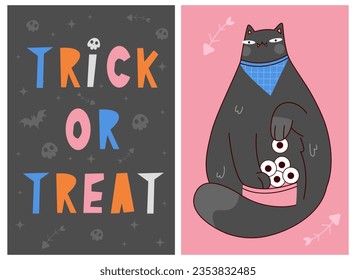 Halloween Vector Decoration posters.Hand Drawn Illustration with Black Cat and Trick or Treat Isolated. Handwritten Happy Halloween