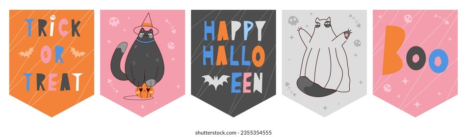 Halloween Vector Decoration set.Hand Drawn text Illustration with Black Cat and Happy Halloween Isolated. Handwritten Happy Halloween