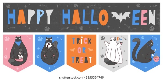 Halloween Vector Decoration set.Hand Drawn text Illustration with Black Cat and Happy Halloween Isolated. Handwritten Happy Halloween