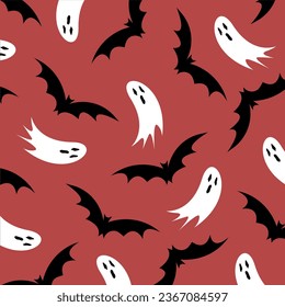 Halloween vector decorative pattern with flying bats and ghosts in red colour
