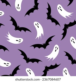 Halloween vector decorative pattern with flying bats and ghosts
