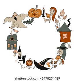 Halloween vector design border wreath illustration. Hand drawn doodle items. Pumpkins, witches, mushrooms, potion, ghost. Colored frame for the design of posters, invitations to the autumn holiday.