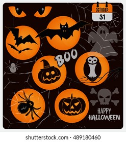 Halloween Vector Design Collection - A set of Traditional Halloween Day Symbols : Spider, Bat, Owl, Eyes, Ghost, Moon, Cobweb, Skull and Cross Bones