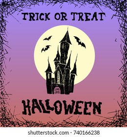 Halloween Vector Design with dark castle on yellow Moon background. Halloween Lettering.