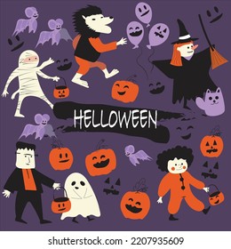 halloween vector design element set,Children in spooky outfits cartoon characters.