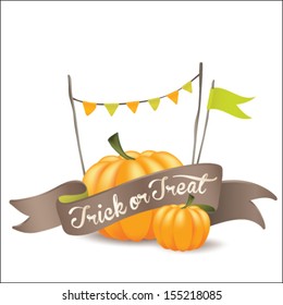 Halloween vector design elements collection. Halloween pumpkins, "trick or threat" ribbon, bunting flags, isolated on white background.