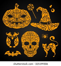 Halloween vector design elements set. Ornate pumpkin, skull, witch hat, candy, owl, cat,  spider.Can be used for greeting card, banner, labels, poster, party invitation design. Happy Halloween