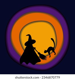 Halloween vector design in paper cut style with black witch and cat silhouette in trendy shades. EPS