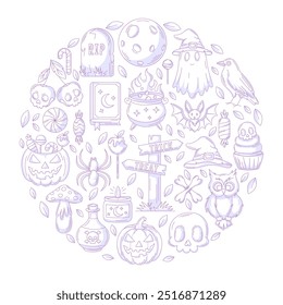 Halloween vector design, round shape geometric composition with spooky, scary icons collection. Holiday october flat purple illustration for greeting card, invitation, print, social media, poster