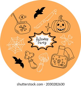 Halloween vector doodle icons. Festive badges and attributes. Halloween party. Hand draw.