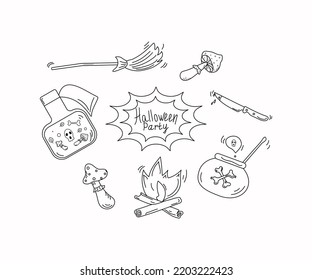 Iconos del doodle vectorial de Halloween. Iconos y atributos de vacaciones. Fiesta de Halloween. Preparación de una poción, veneno. Dibujo manual. Ilustración en un fondo aislado.	