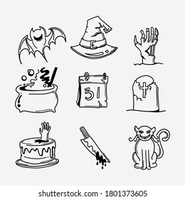 Iconos de doodle vectorial de Halloween establecidos. Línea dibujada a mano en la ilustración del esbozo de dibujo.