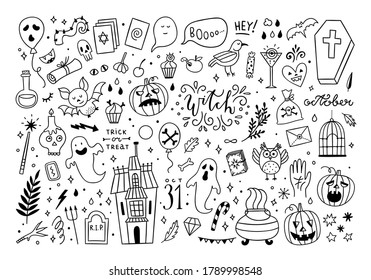 Halloween vector doodle set. Hand drawn Halloween symbols and objects big vector collection: ghost, house, pumpkin, spooky objects