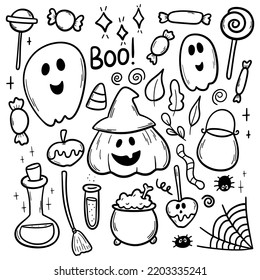 Halloween vector doodles set. Hand drawn illustration for All Saints' Eve day. Simple decoration