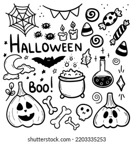 Halloween vector doodles set. Hand drawn illustration for All Saints' Eve day. Simple decoration