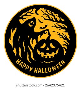 Halloween vector door round sign with ghosts and house, scarecrow. Welcome to our Haunted House. Happy Halloween.	