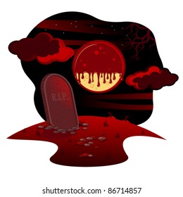 Halloween vector drawing. Night, full moon, blood sky, a graveyard landscape.