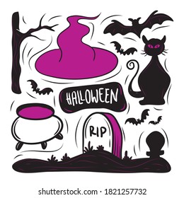 El elemento vector de Halloween muestra la ilustración vectorial, como árboles, araña, murciélagos, etc.