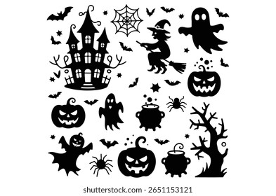 Halloween vector, Halloween vector element silhouette set, spooky black icon, Halloween  t shirt vector art illustration, ghost house silhouette, Art and Illustration, spooky silhouette