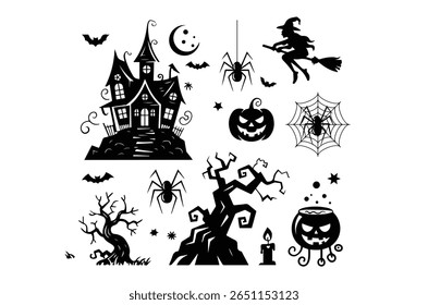 Halloween vector, Halloween vector element silhouette set, spooky black icon, Halloween  t shirt vector art illustration, ghost house silhouette, Art and Illustration, spooky silhouette