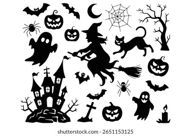 Halloween vector, Halloween vector element silhouette set, spooky black icon, Halloween  t shirt vector art illustration, ghost house silhouette, Art and Illustration, spooky silhouette