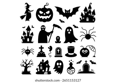 Halloween vector, Halloween vector element silhouette set, spooky black icon, Halloween  t shirt vector art illustration, ghost house silhouette, Art and Illustration, spooky silhouette