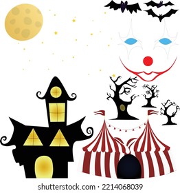 HALLOWEEN VECTOR ELEMENTS, CARNIVAL TENT, STARS AND MOON, HAUNTED HOUSE, CLOWN FACE, BATS, SPOOKYS TREES, BATS WITH FACES