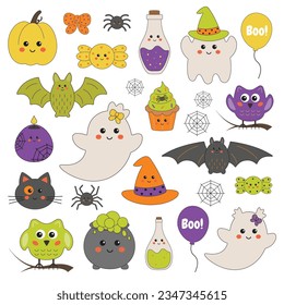 Halloween vector elements and characters collection - pumpkins, ghosts, owl, cat, candies, candles, bat, spider. Decorative elements for cards, invitation, party attributes. Cute childish style.