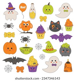 Halloween vector elements and characters collection - pumpkins, ghosts, owl, cat, candies, candles, bat, spider. Decorative elements for cards, invitation, party attributes. Cute childish style. 