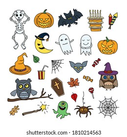 Halloween vector elements. Cute halloween party illustrations. Ghost, pumpkins, owl, skeleton