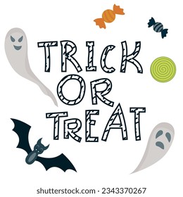 Halloween vector elements in flat style. isolated objects on white background - sweets, bat, gohsts, lettering. Clipart for halloween party decoration, hand drawn image, cartoon spooky character