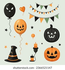 Halloween Vector Elements Set - Creepy Balloons, Pumpkins, Flags, Candle, and Witch Hat in Green, Orange, and Black