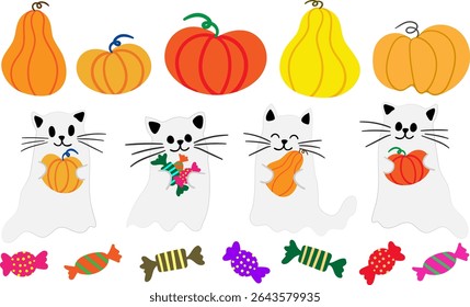 halloween vector elements set ghost cats pumpkins candies gourds holiday graphics children's designs adorable spooky season clip art