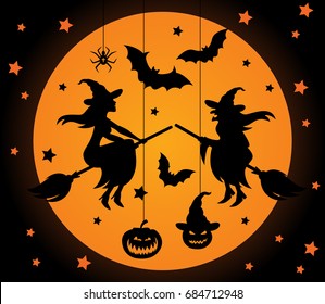 Halloween vector elements set. Laser cut halloween collection. Young and old witches on broomticks, bats and spider, pumpkin. Lasercut halloween details for decoration.