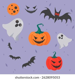Halloween vector elements set with pumpkin, bat, ghost characters. Holiday vector illustration, elements for design, pattern.