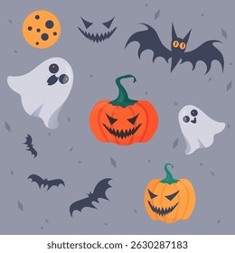 Halloween vector elements set with pumpkin, bat, ghost characters. Holiday vector illustration, elements for design, pattern, clip art.