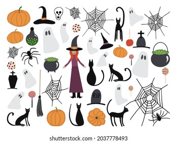 Halloween Vector Elements Set. Witch, Kettle, Pot, Spiders Web, Pumpkin, Cat, Tale, Skull, Rip, Grave, Spider, Ghost, Lollypop, Apple In Caramel, Hat, Cookie, Bottle, Potion.