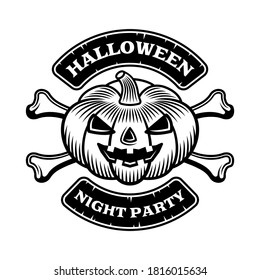 Halloween vector emblem, badge, label or logo with pumpkin and crossbones in vintage monochrome style isolated on white background