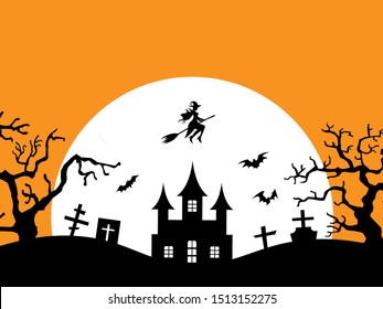 Halloween vector female witch flying on her broomstick pass the black castle with horror graveyard and spooky tree in full moon night.illustration vector for halloween celebration in october