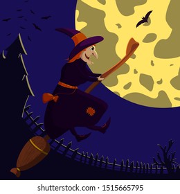 Halloween vector female witch flying on her broomstick pass the black castle with horror bat and spooky tree in full moon night.illustration vector for halloween celebration in october